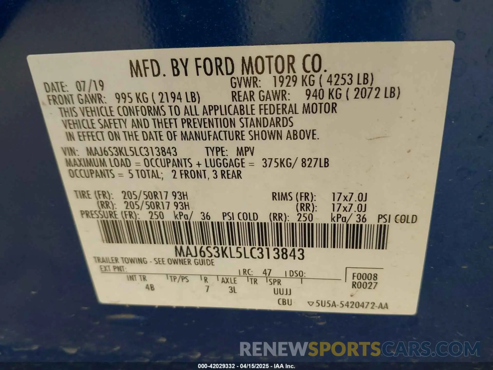 9 Фотография поврежденного автомобиля MAJ6S3KL5LC313843 FORD ECOSPORT 2020