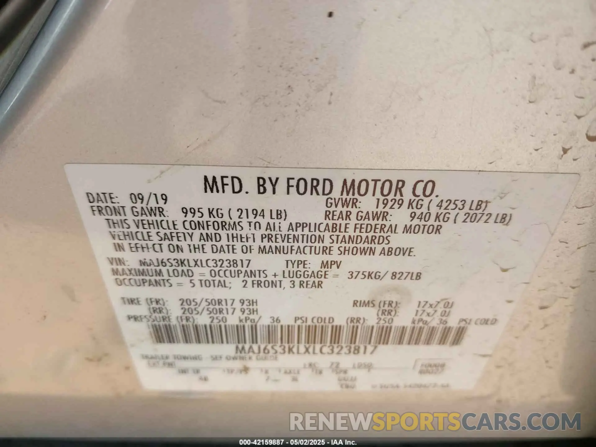 9 Photograph of a damaged car MAJ6S3KLXLC323817 FORD ECOSPORT 2020