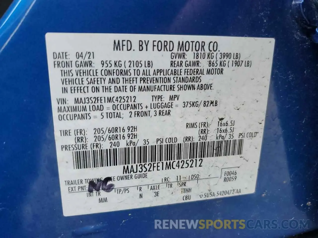 12 Фотография поврежденного автомобиля MAJ3S2FE1MC425212 FORD ECOSPORT 2021