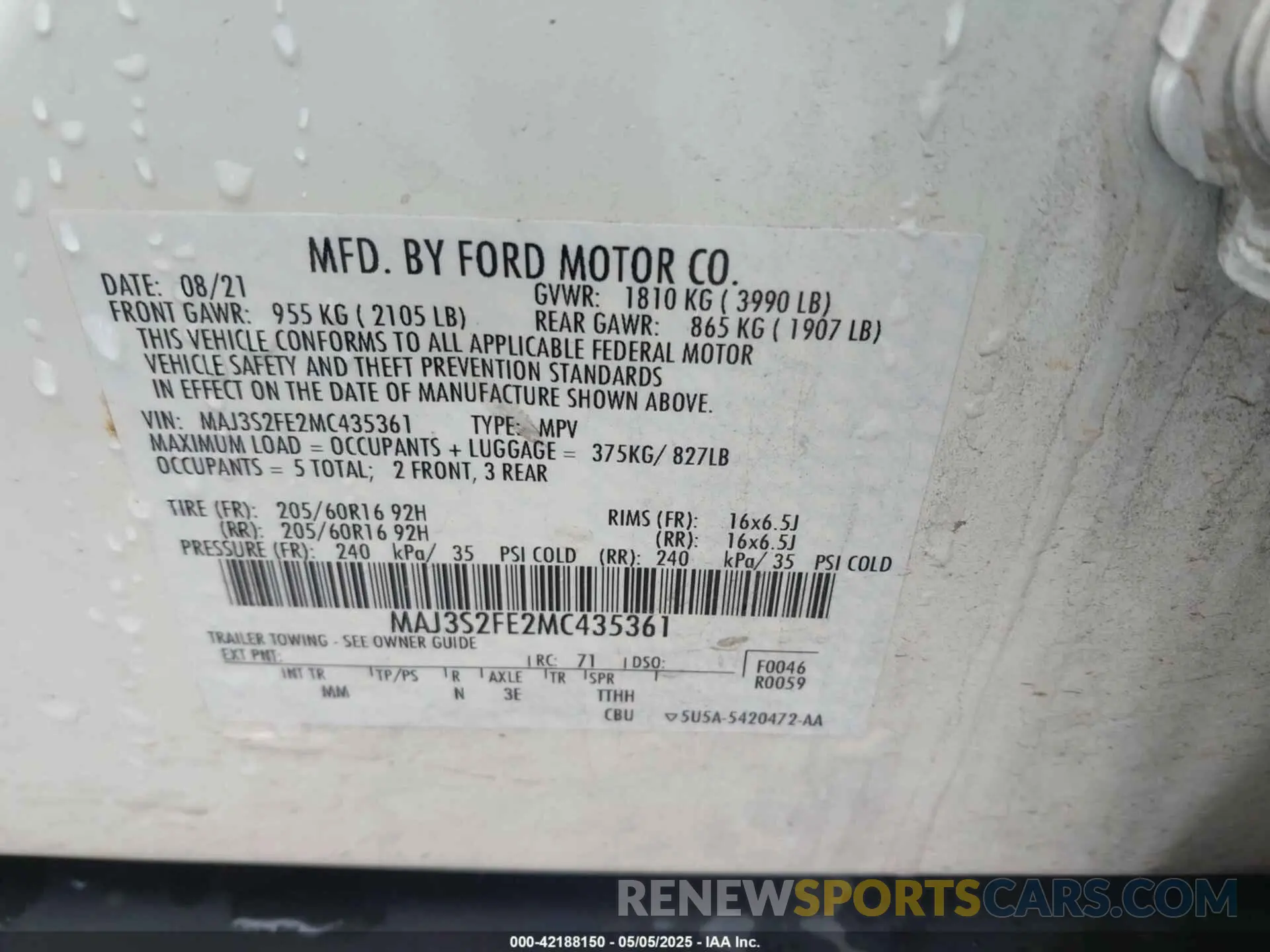 9 Фотография поврежденного автомобиля MAJ3S2FE2MC435361 FORD ECOSPORT 2021