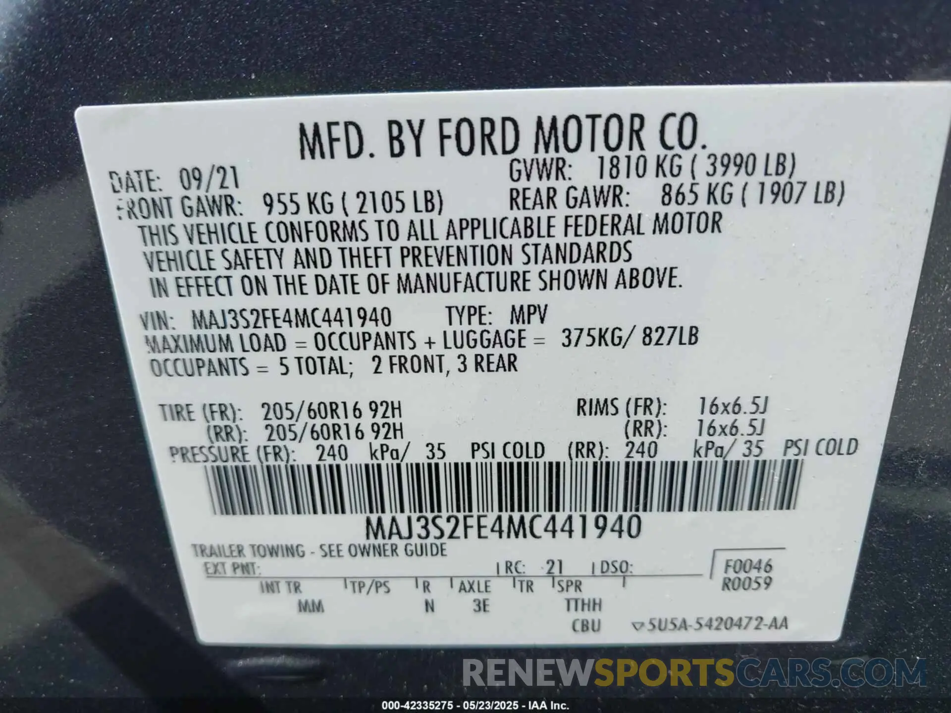 9 Фотография поврежденного автомобиля MAJ3S2FE4MC441940 FORD ECOSPORT 2021