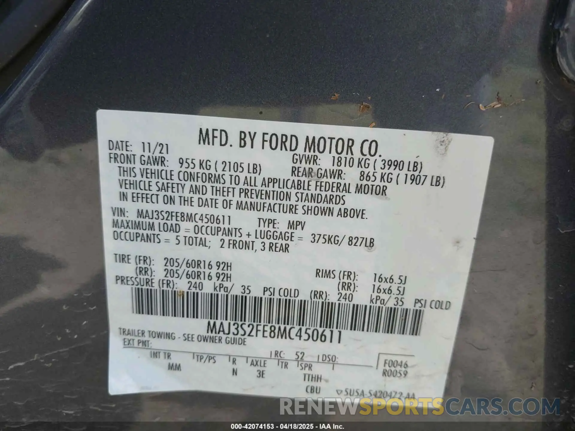 9 Фотография поврежденного автомобиля MAJ3S2FE8MC450611 FORD ECOSPORT 2021