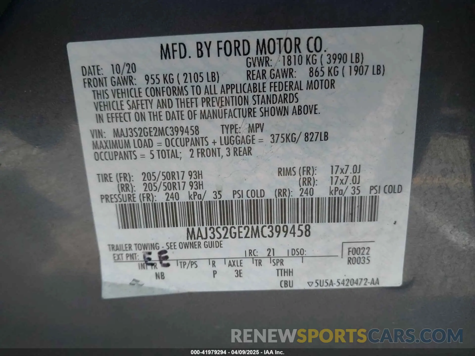 9 Фотография поврежденного автомобиля MAJ3S2GE2MC399458 FORD ECOSPORT 2021