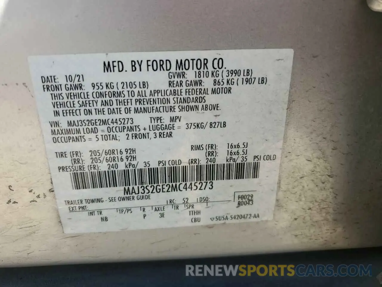 14 Фотография поврежденного автомобиля MAJ3S2GE2MC445273 FORD ECOSPORT 2021