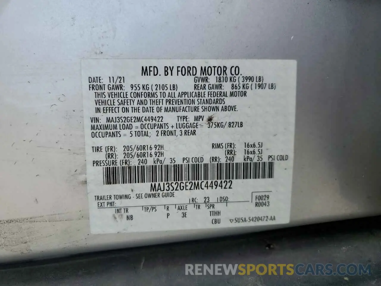 14 Фотография поврежденного автомобиля MAJ3S2GE2MC449422 FORD ECOSPORT 2021