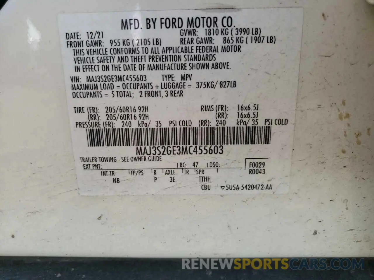 12 Фотография поврежденного автомобиля MAJ3S2GE3MC455603 FORD ECOSPORT 2021