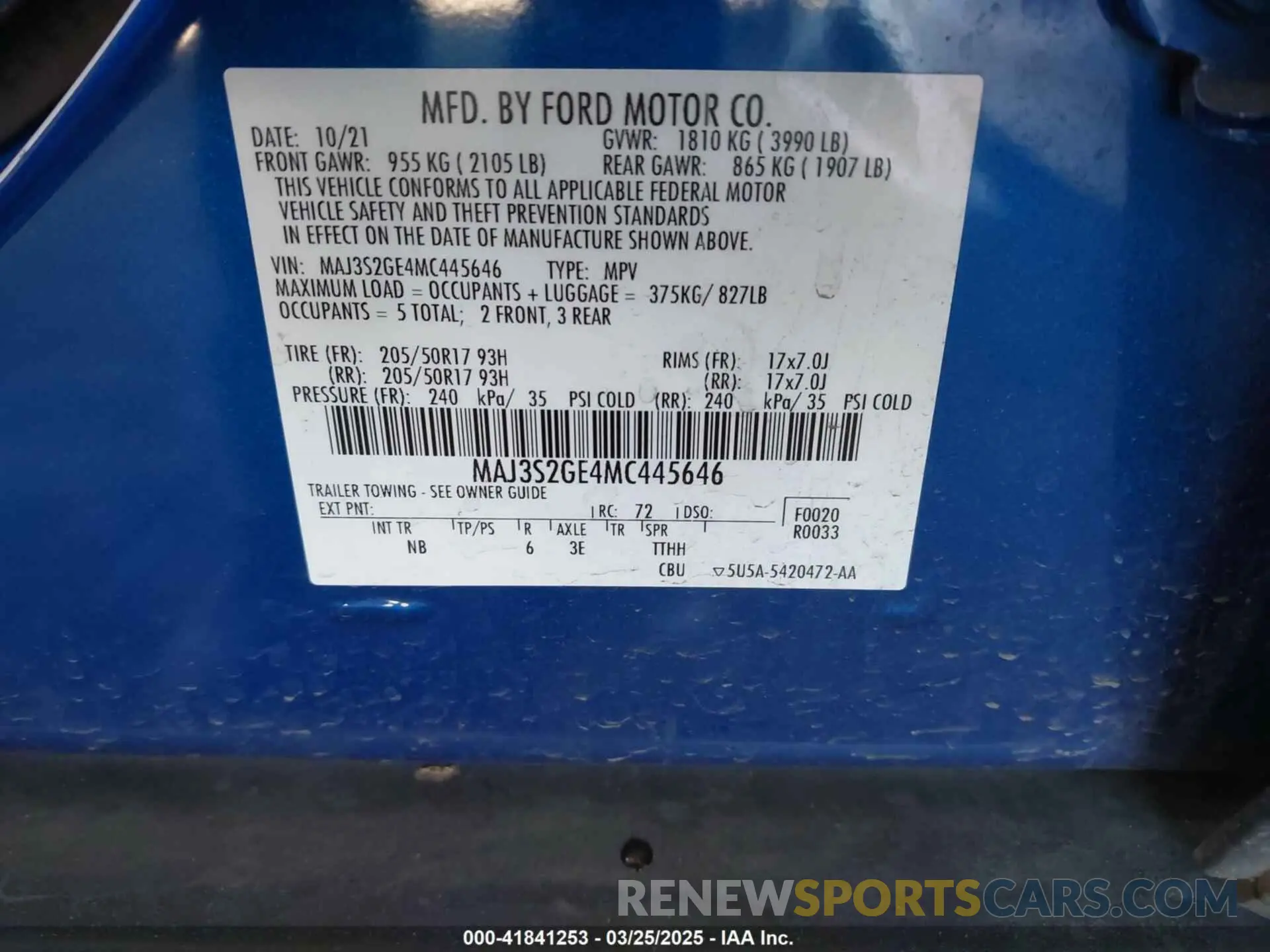 9 Фотография поврежденного автомобиля MAJ3S2GE4MC445646 FORD ECOSPORT 2021