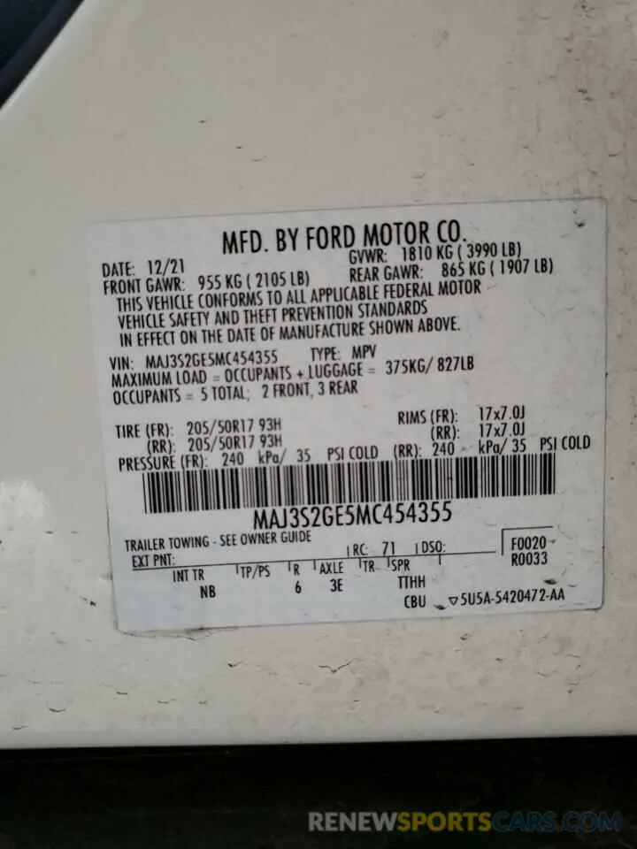 12 Фотография поврежденного автомобиля MAJ3S2GE5MC454355 FORD ECOSPORT 2021