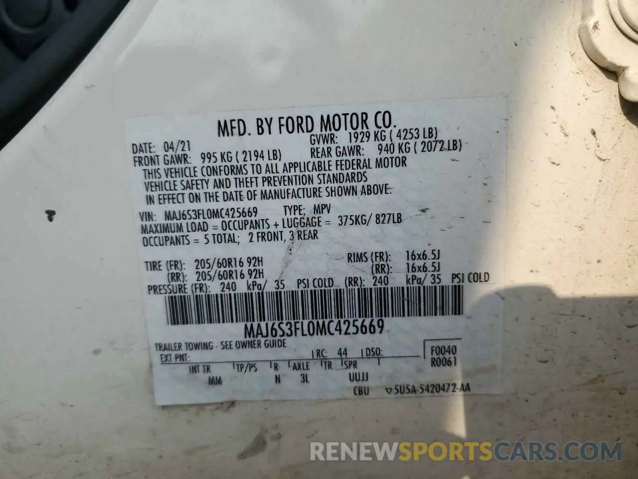 13 Photograph of a damaged car MAJ6S3FL0MC425669 FORD ECOSPORT 2021
