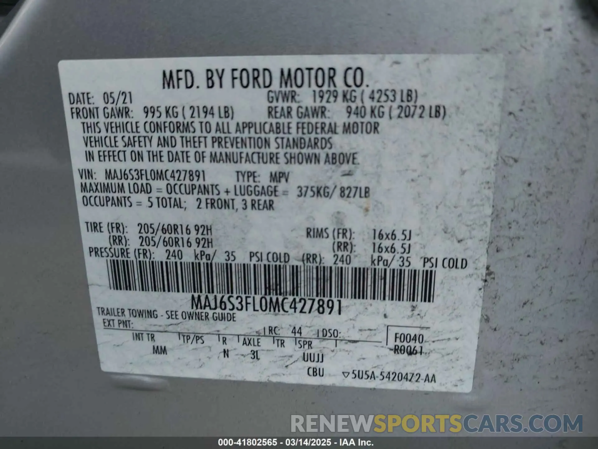 9 Фотография поврежденного автомобиля MAJ6S3FL0MC427891 FORD ECOSPORT 2021