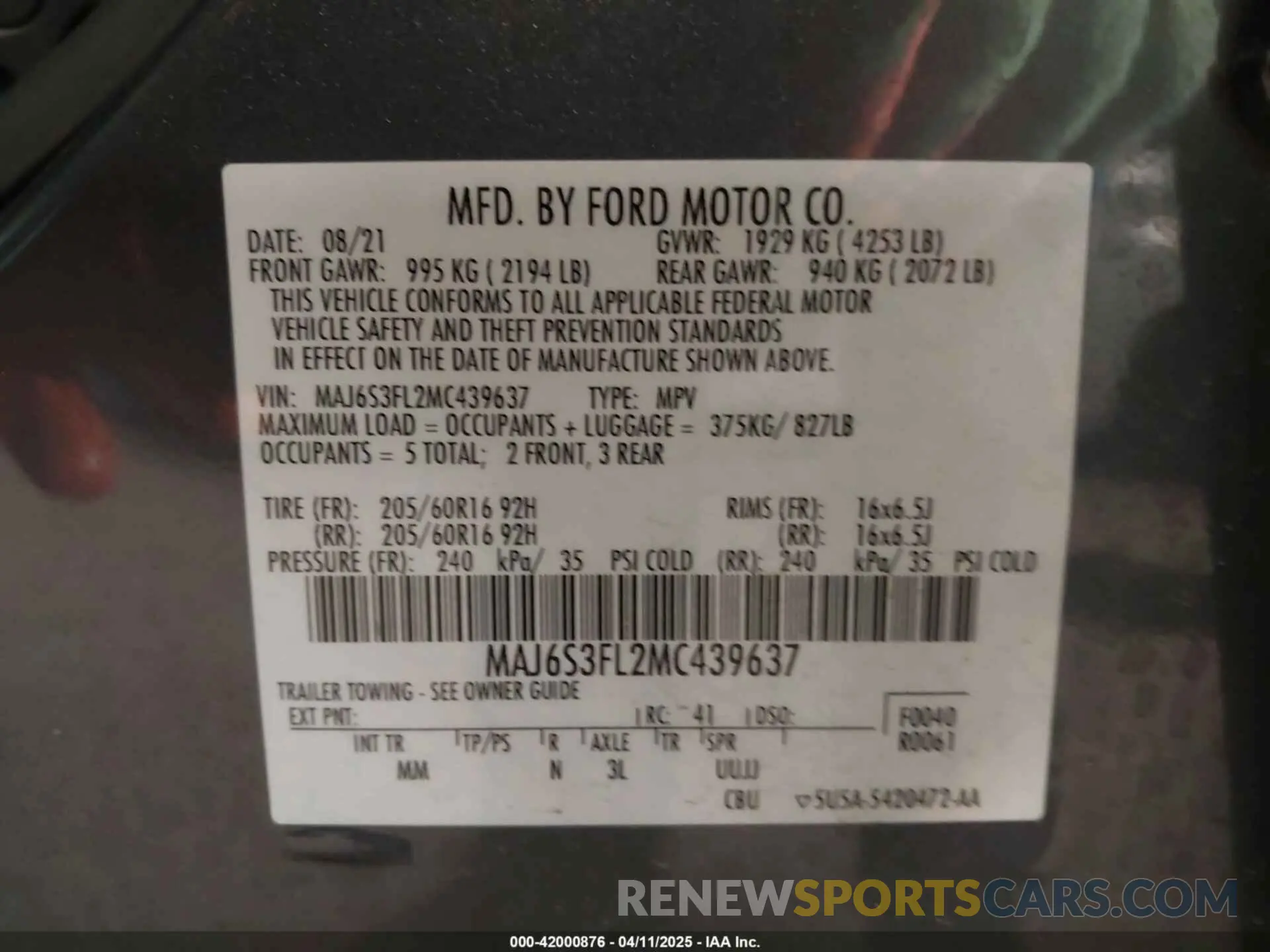 9 Фотография поврежденного автомобиля MAJ6S3FL2MC439637 FORD ECOSPORT 2021
