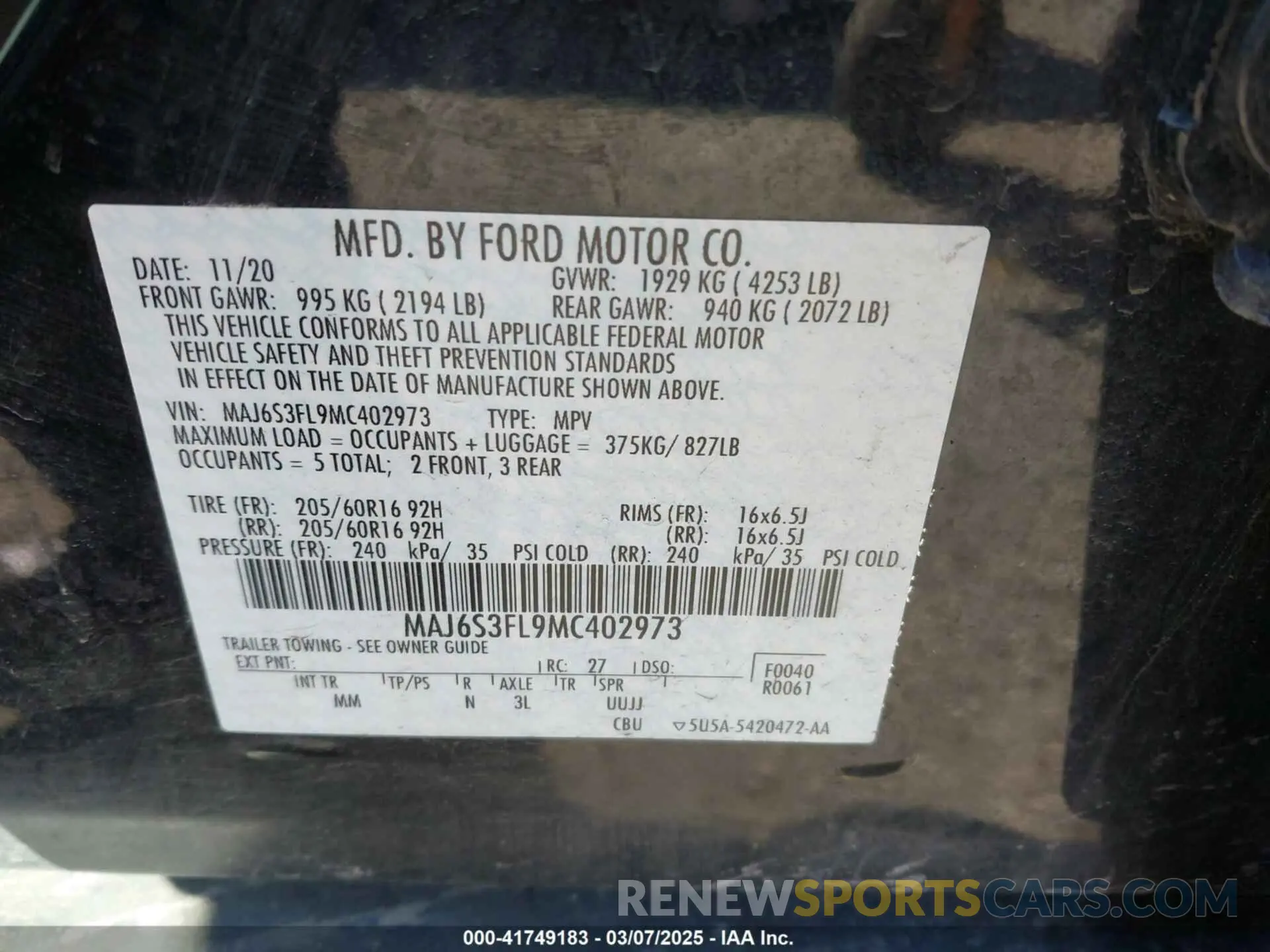 9 Фотография поврежденного автомобиля MAJ6S3FL9MC402973 FORD ECOSPORT 2021