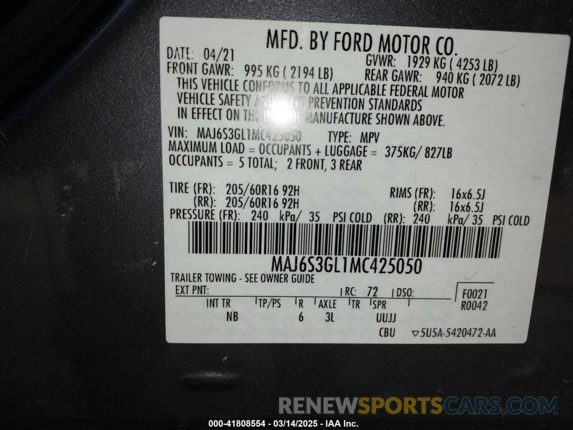 9 Photograph of a damaged car MAJ6S3GL1MC425050 FORD ECOSPORT 2021