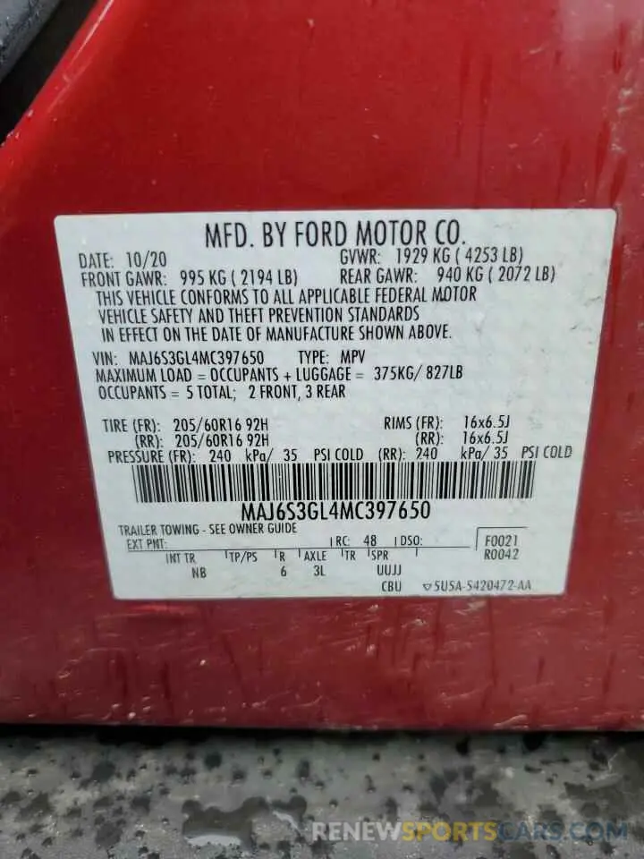 14 Photograph of a damaged car MAJ6S3GL4MC397650 FORD ECOSPORT 2021
