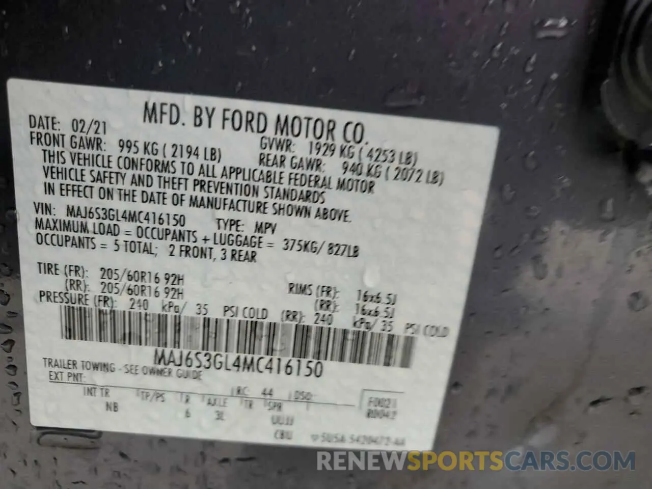 12 Photograph of a damaged car MAJ6S3GL4MC416150 FORD ECOSPORT 2021