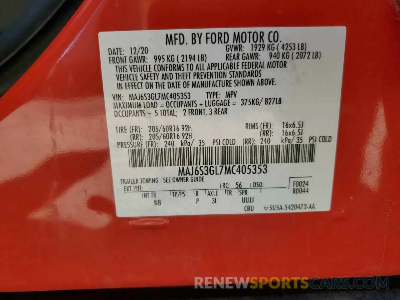 12 Фотография поврежденного автомобиля MAJ6S3GL7MC405353 FORD ECOSPORT 2021