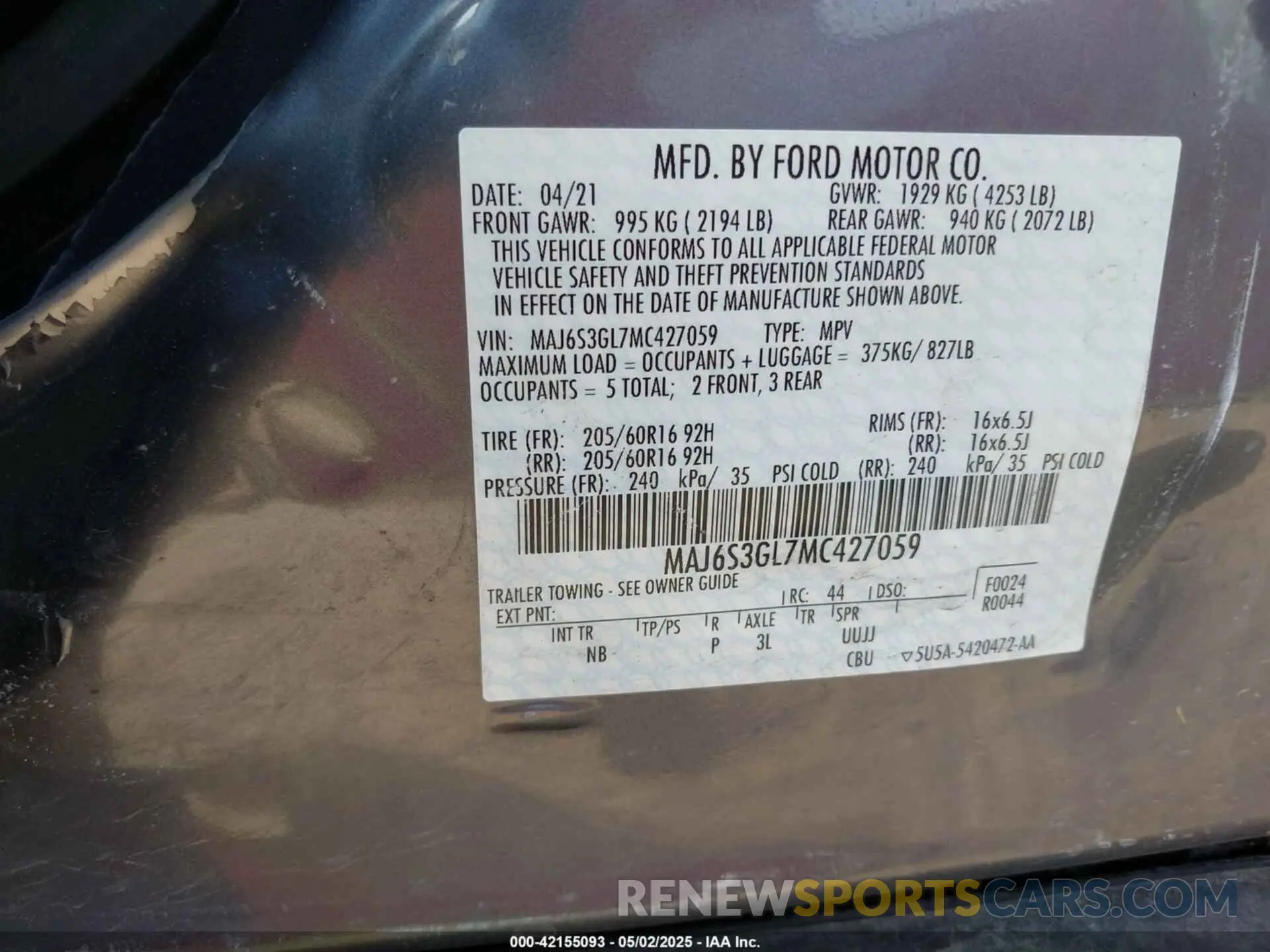 9 Photograph of a damaged car MAJ6S3GL7MC427059 FORD ECOSPORT 2021