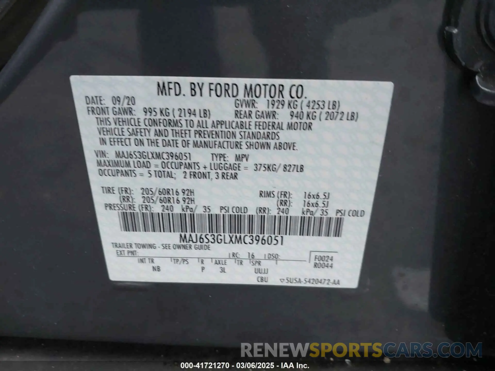 9 Photograph of a damaged car MAJ6S3GLXMC396051 FORD ECOSPORT 2021