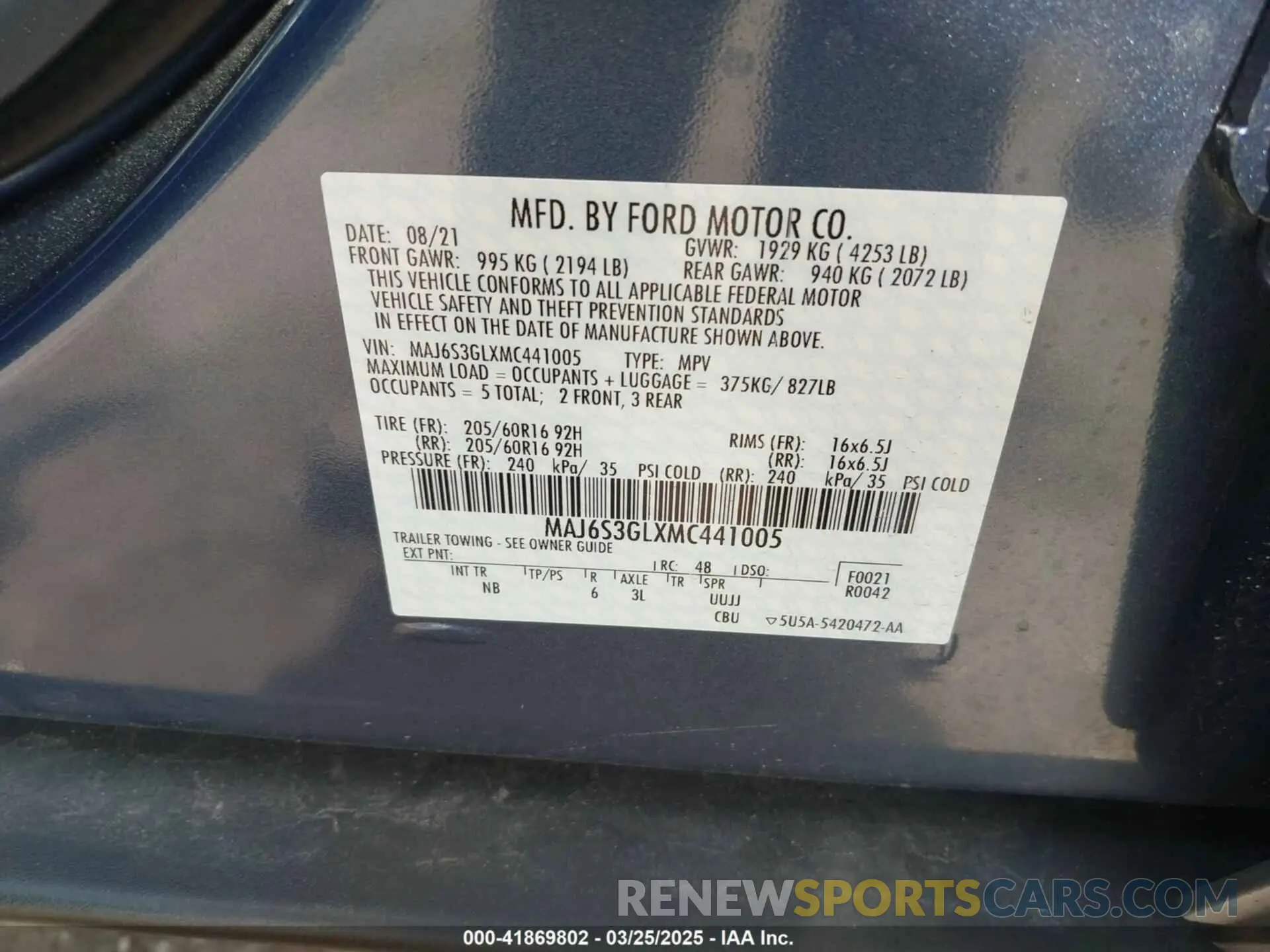 9 Фотография поврежденного автомобиля MAJ6S3GLXMC441005 FORD ECOSPORT 2021