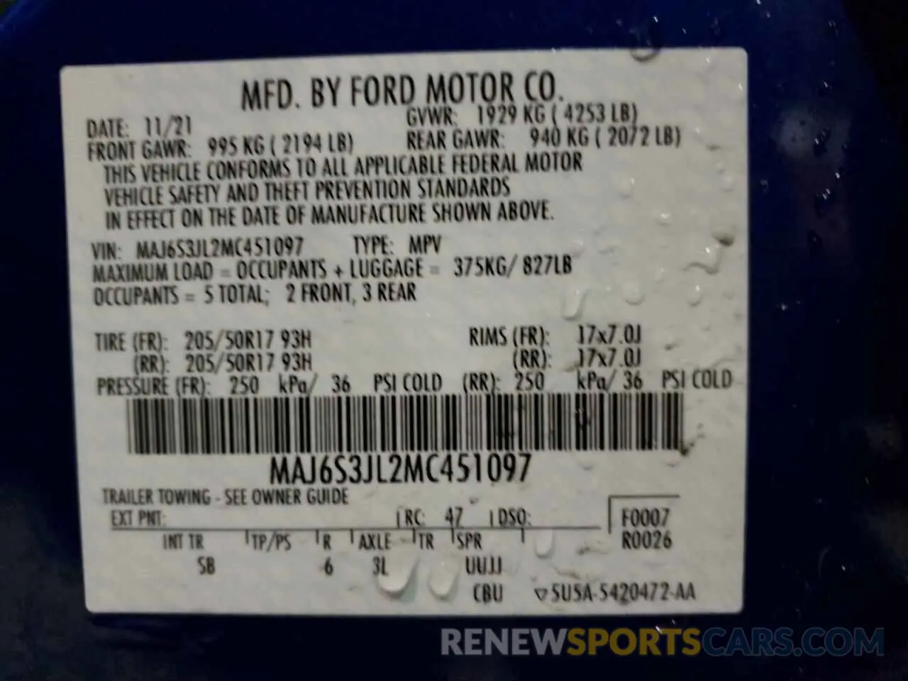 14 Photograph of a damaged car MAJ6S3JL2MC451097 FORD ECOSPORT 2021