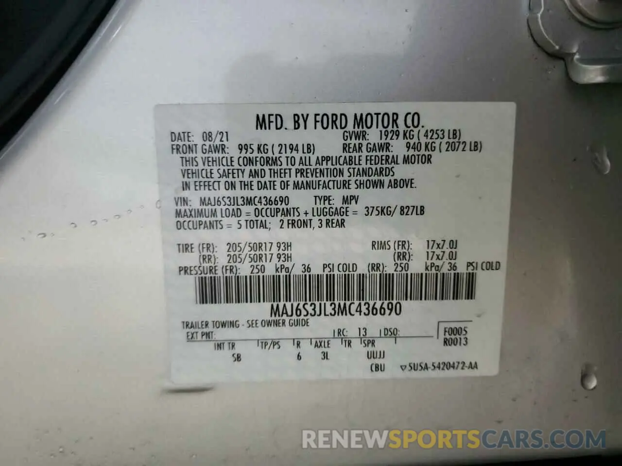 13 Photograph of a damaged car MAJ6S3JL3MC436690 FORD ECOSPORT 2021