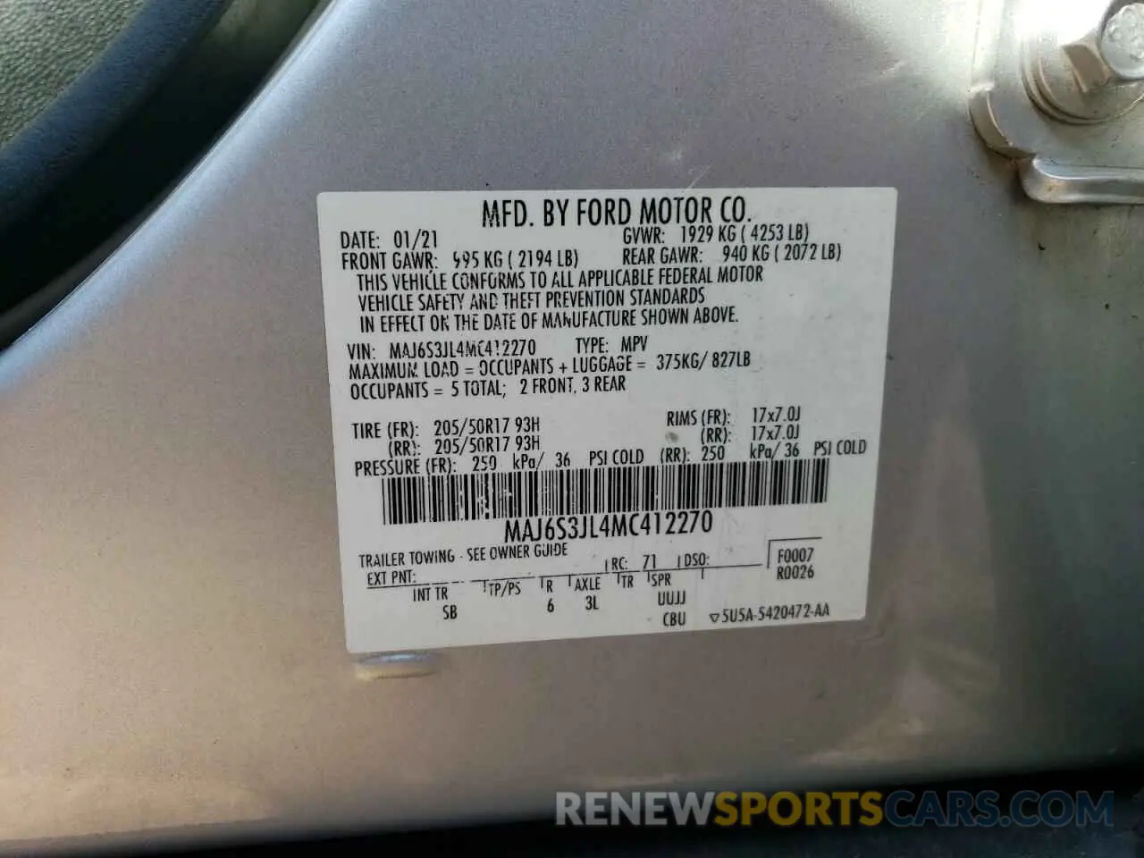 14 Photograph of a damaged car MAJ6S3JL4MC412270 FORD ECOSPORT 2021