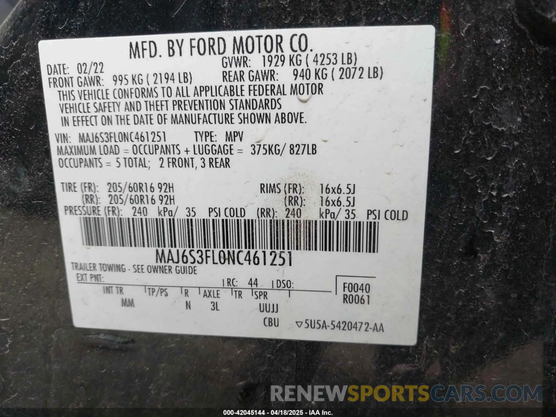 9 Фотография поврежденного автомобиля MAJ6S3FL0NC461251 FORD ECOSPORT 2022