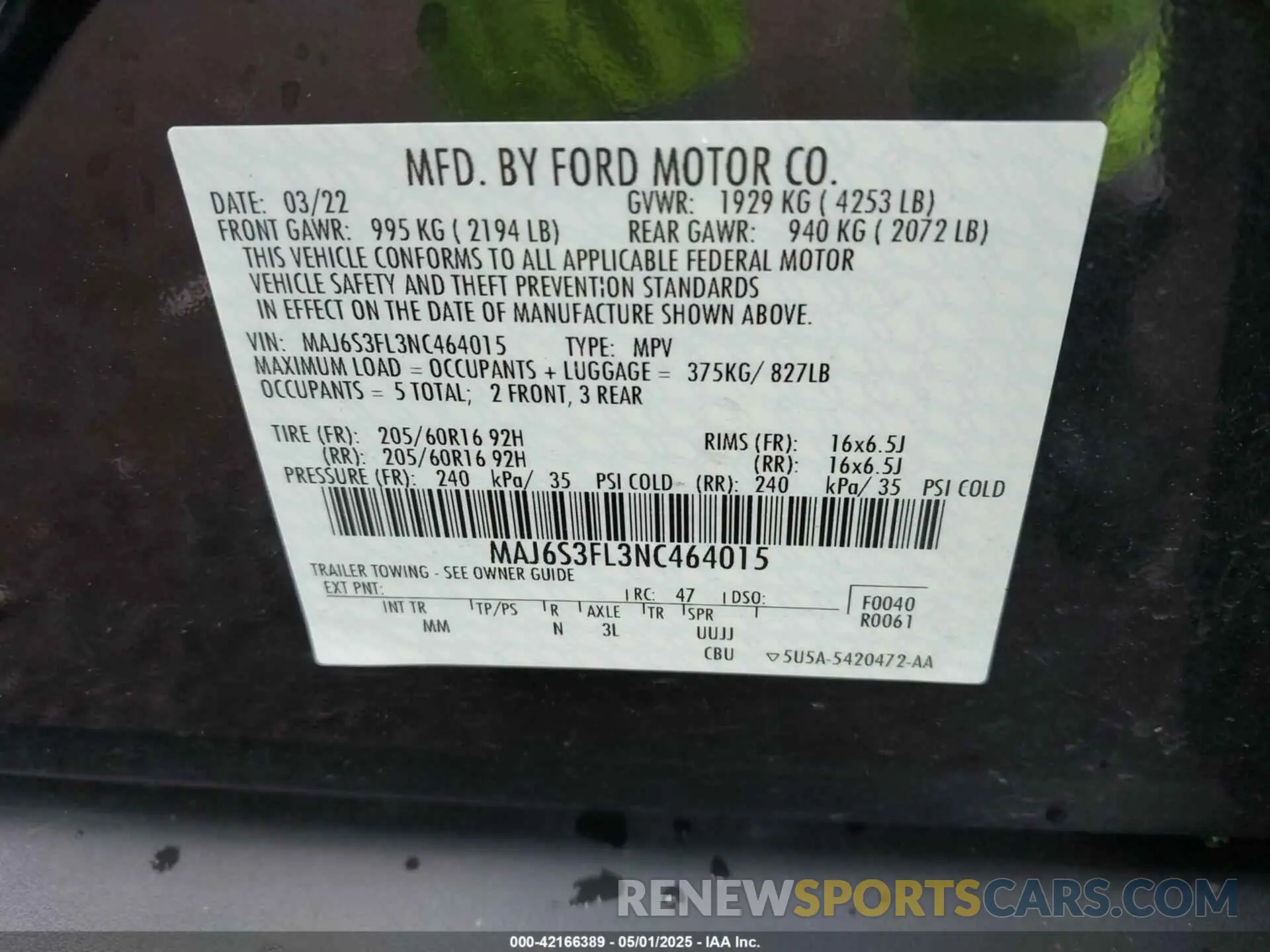 9 Фотография поврежденного автомобиля MAJ6S3FL3NC464015 FORD ECOSPORT 2022