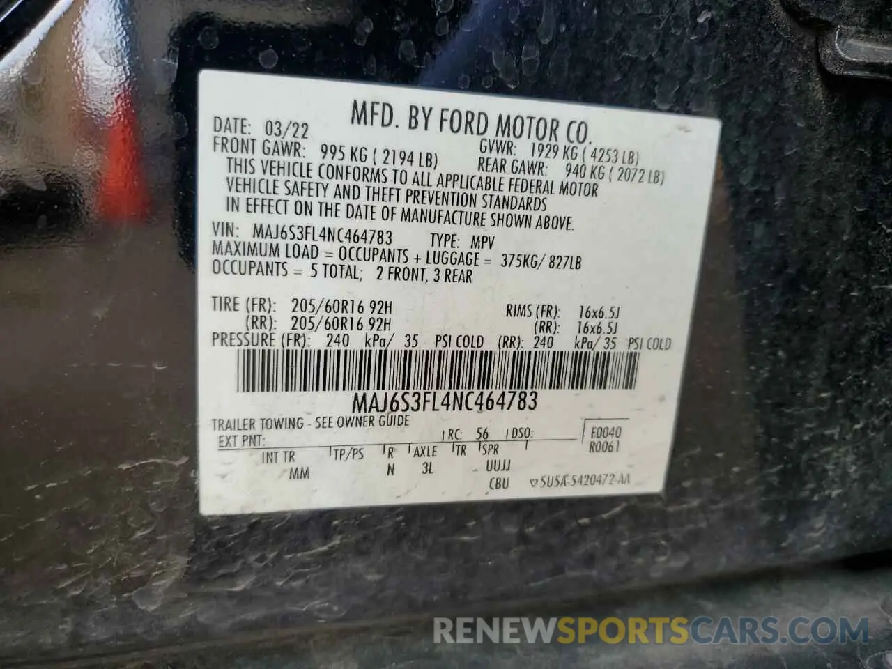 13 Photograph of a damaged car MAJ6S3FL4NC464783 FORD ECOSPORT 2022