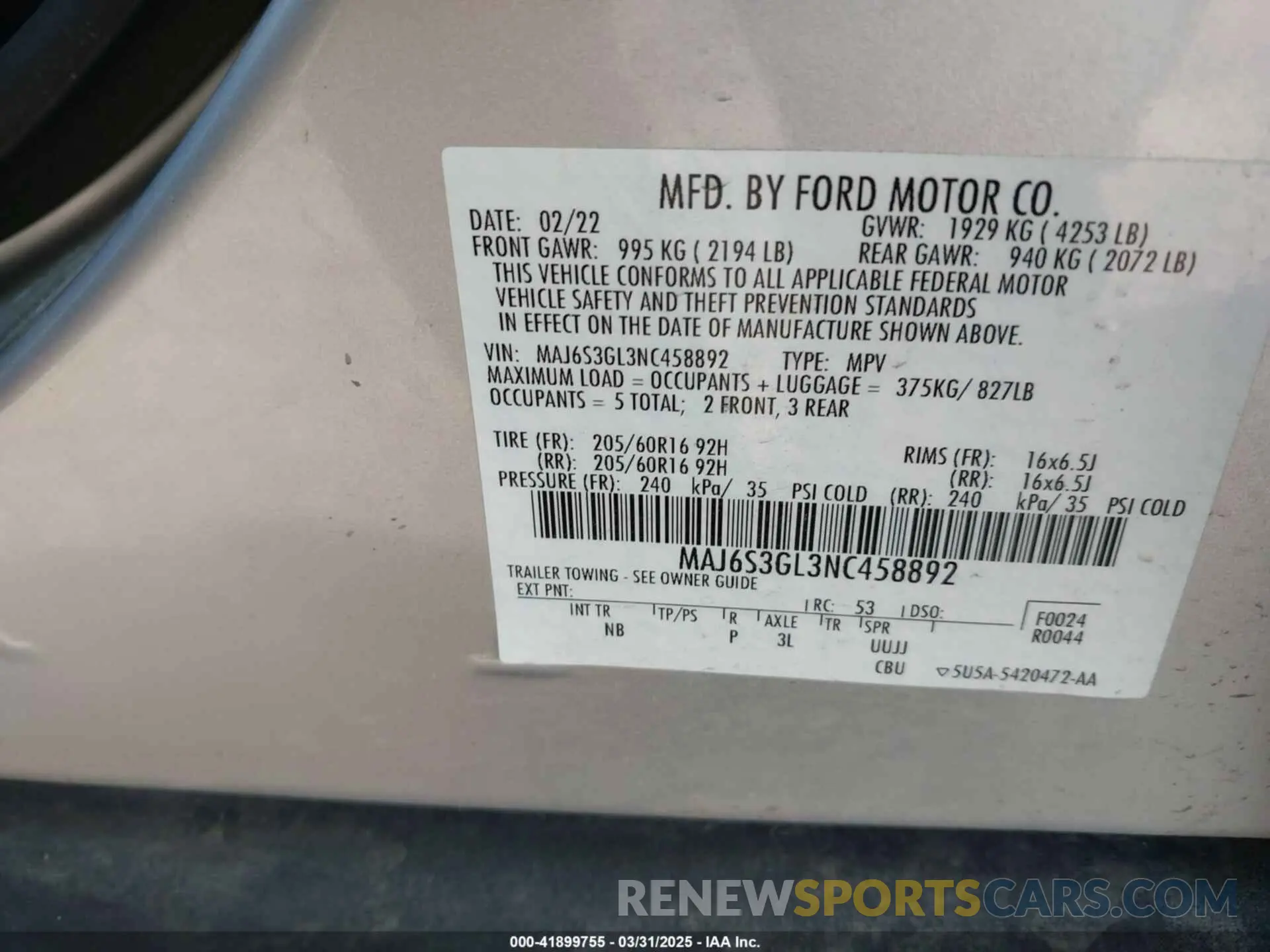 9 Фотография поврежденного автомобиля MAJ6S3GL3NC458892 FORD ECOSPORT 2022