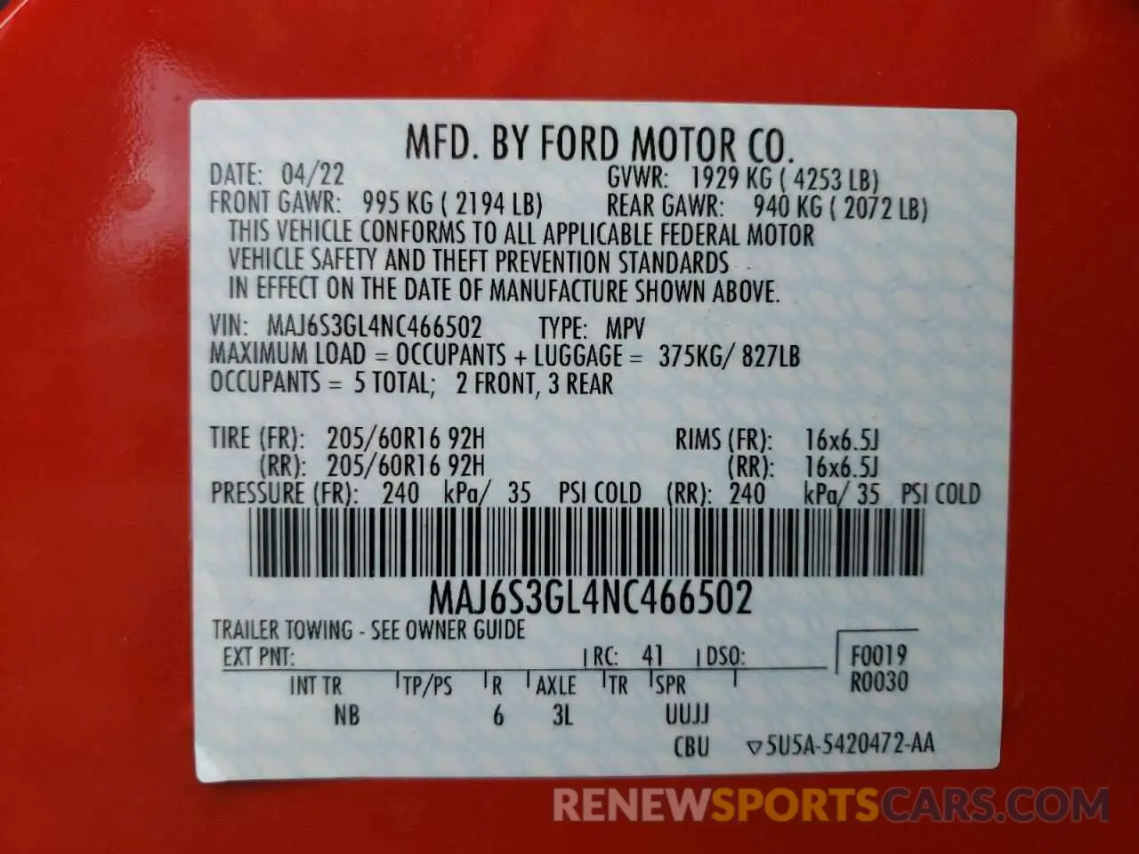 14 Photograph of a damaged car MAJ6S3GL4NC466502 FORD ECOSPORT 2022