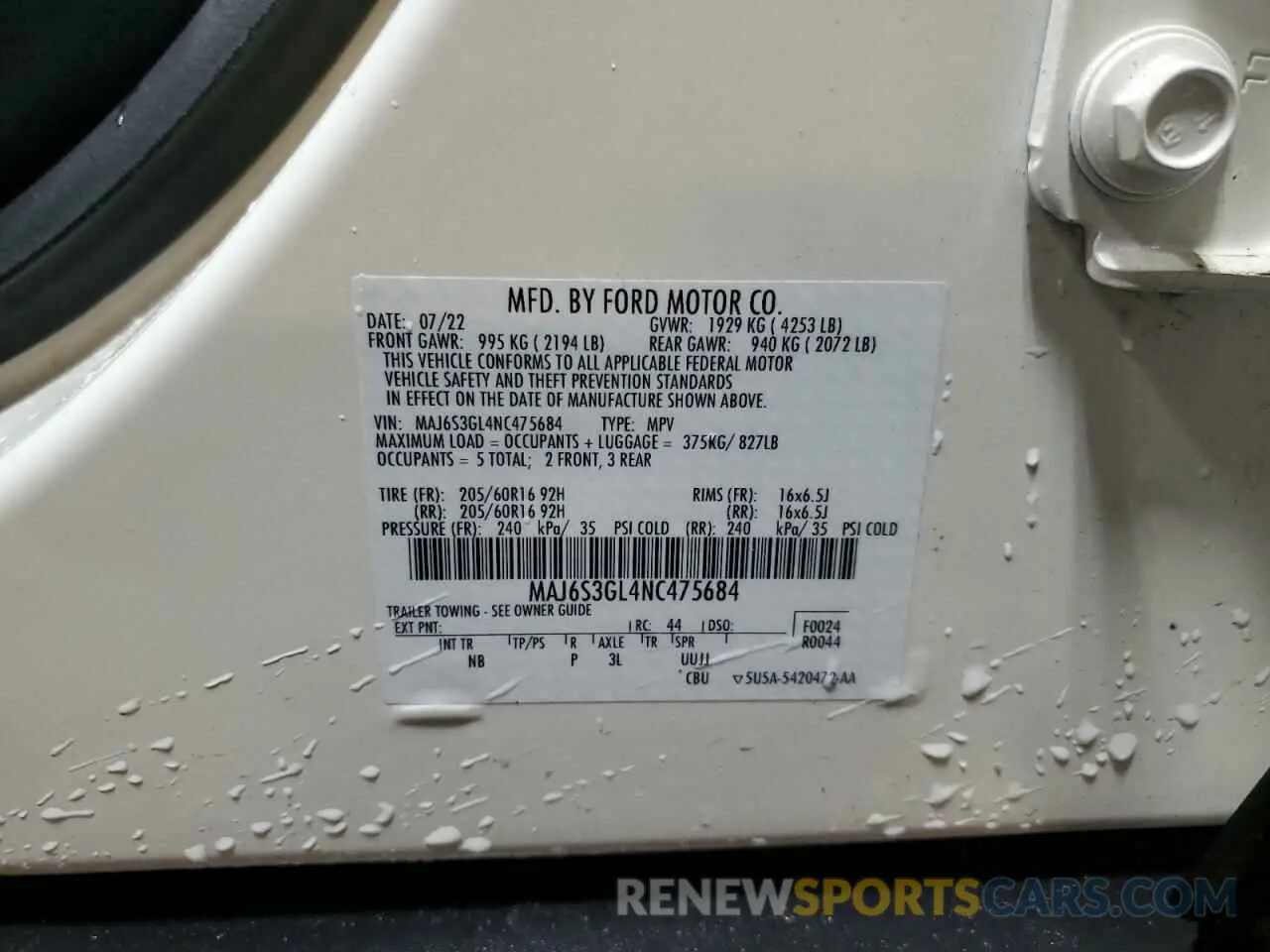 16 Photograph of a damaged car MAJ6S3GL4NC475684 FORD ECOSPORT 2022