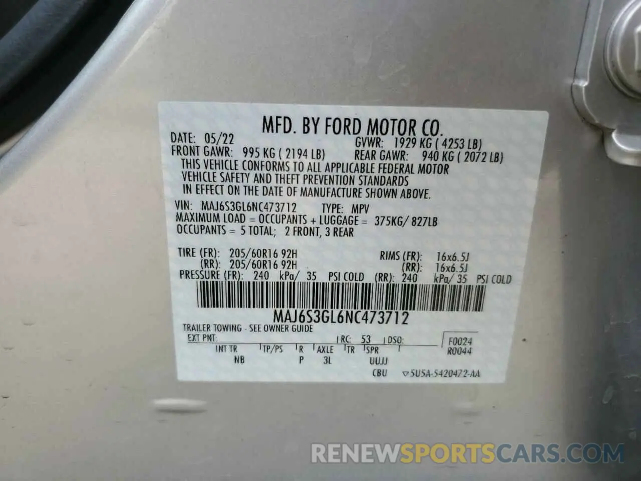 14 Photograph of a damaged car MAJ6S3GL6NC473712 FORD ECOSPORT 2022