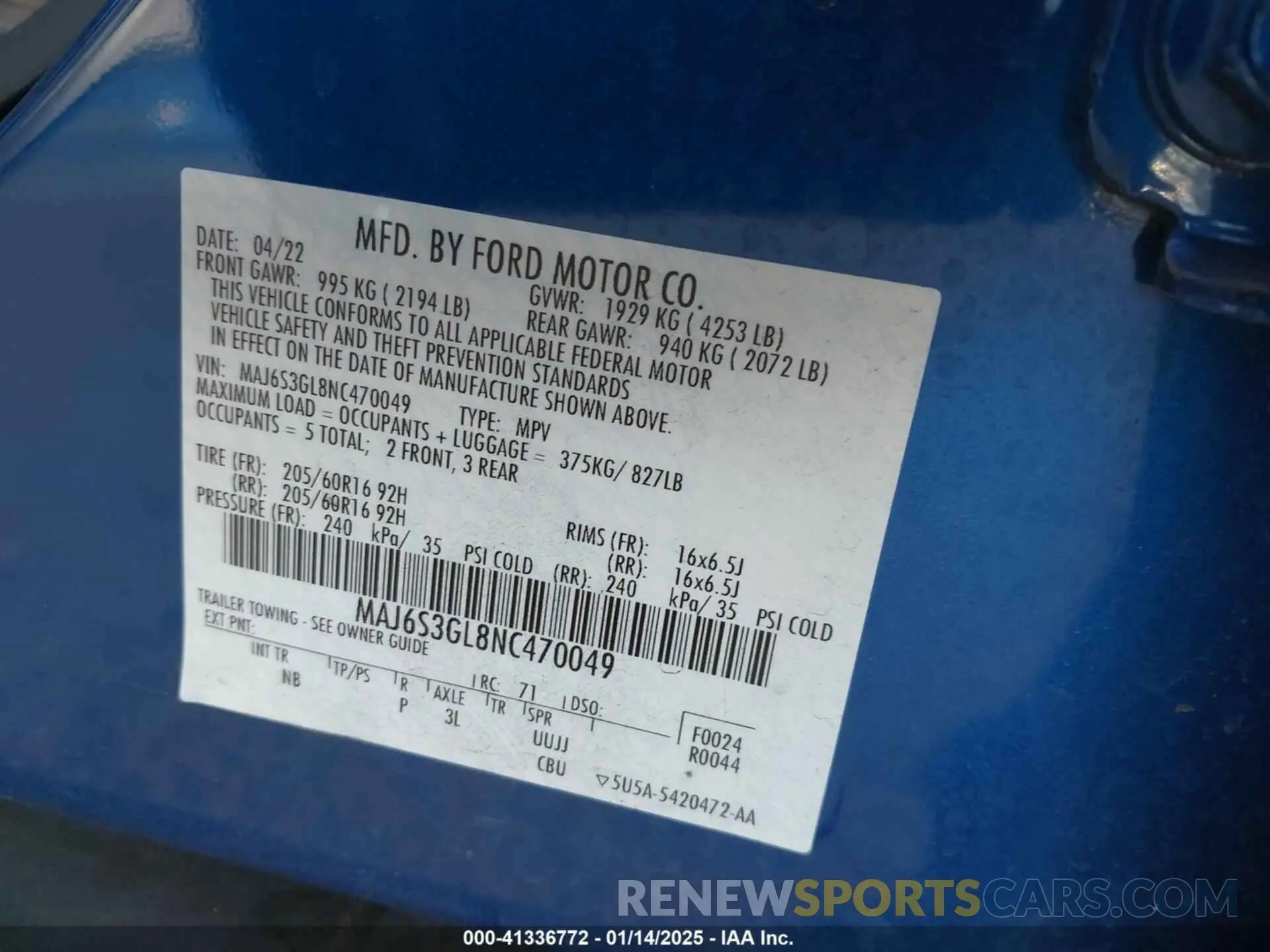 9 Фотография поврежденного автомобиля MAJ6S3GL8NC470049 FORD ECOSPORT 2022