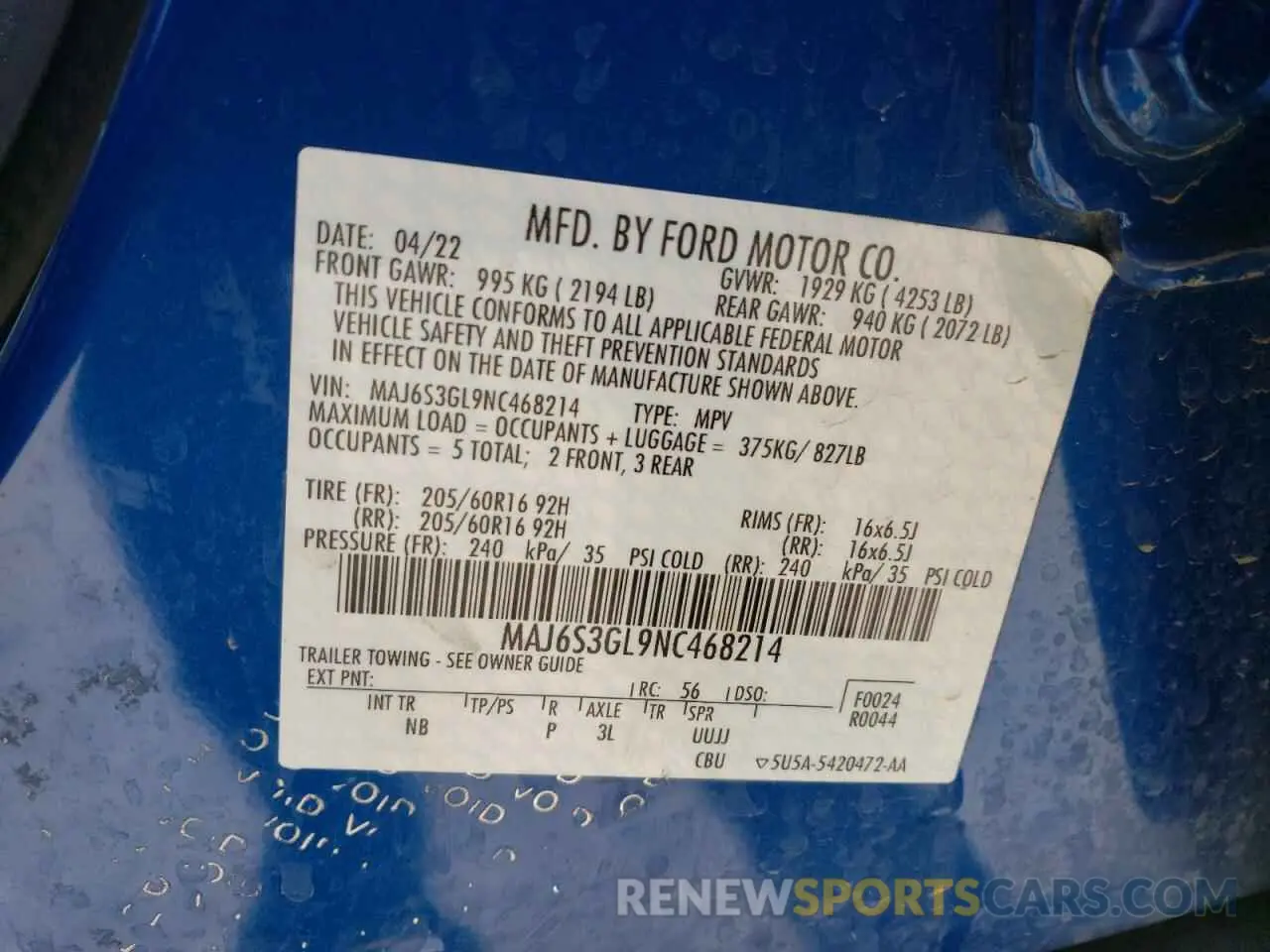 15 Photograph of a damaged car MAJ6S3GL9NC468214 FORD ECOSPORT 2022