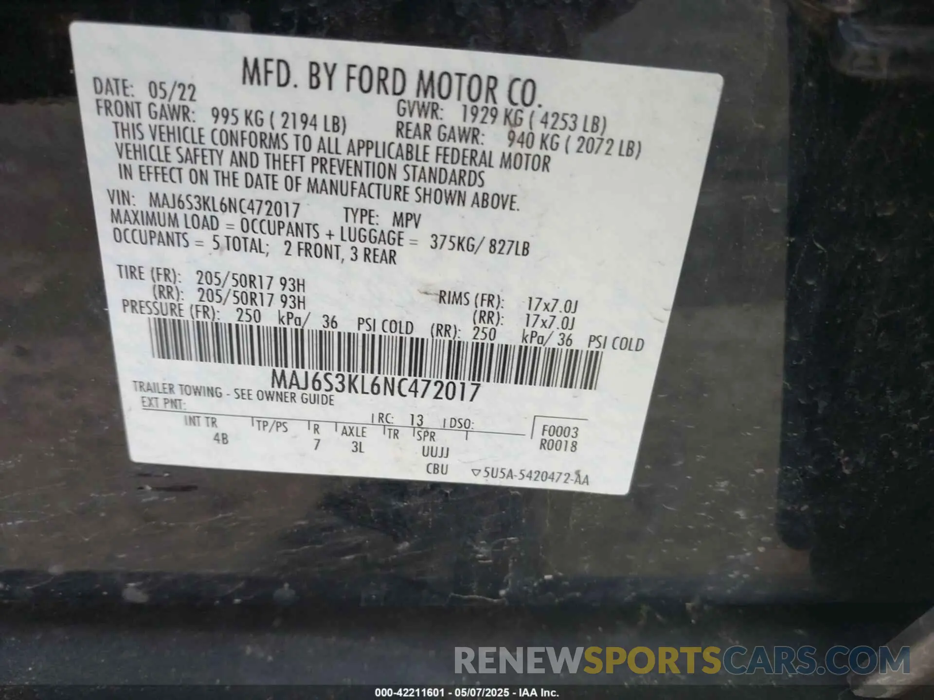 9 Фотография поврежденного автомобиля MAJ6S3KL6NC472017 FORD ECOSPORT 2022