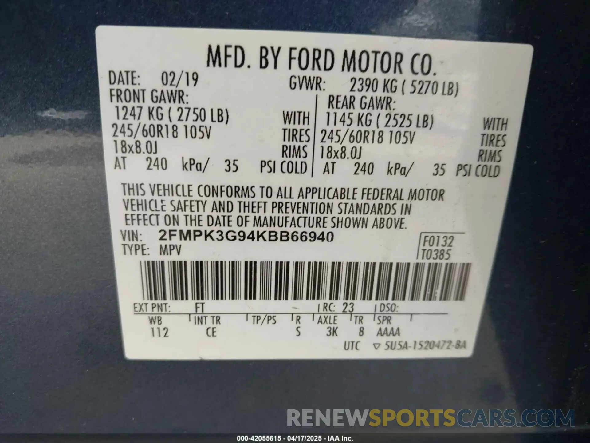 9 Фотография поврежденного автомобиля 2FMPK3G94KBB66940 FORD EDGE 2019