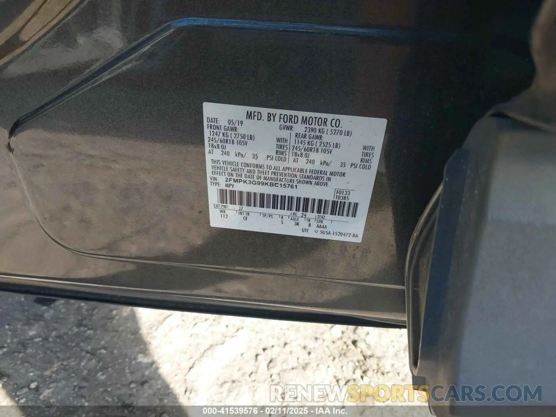 9 Фотография поврежденного автомобиля 2FMPK3G99KBC15761 FORD EDGE 2019