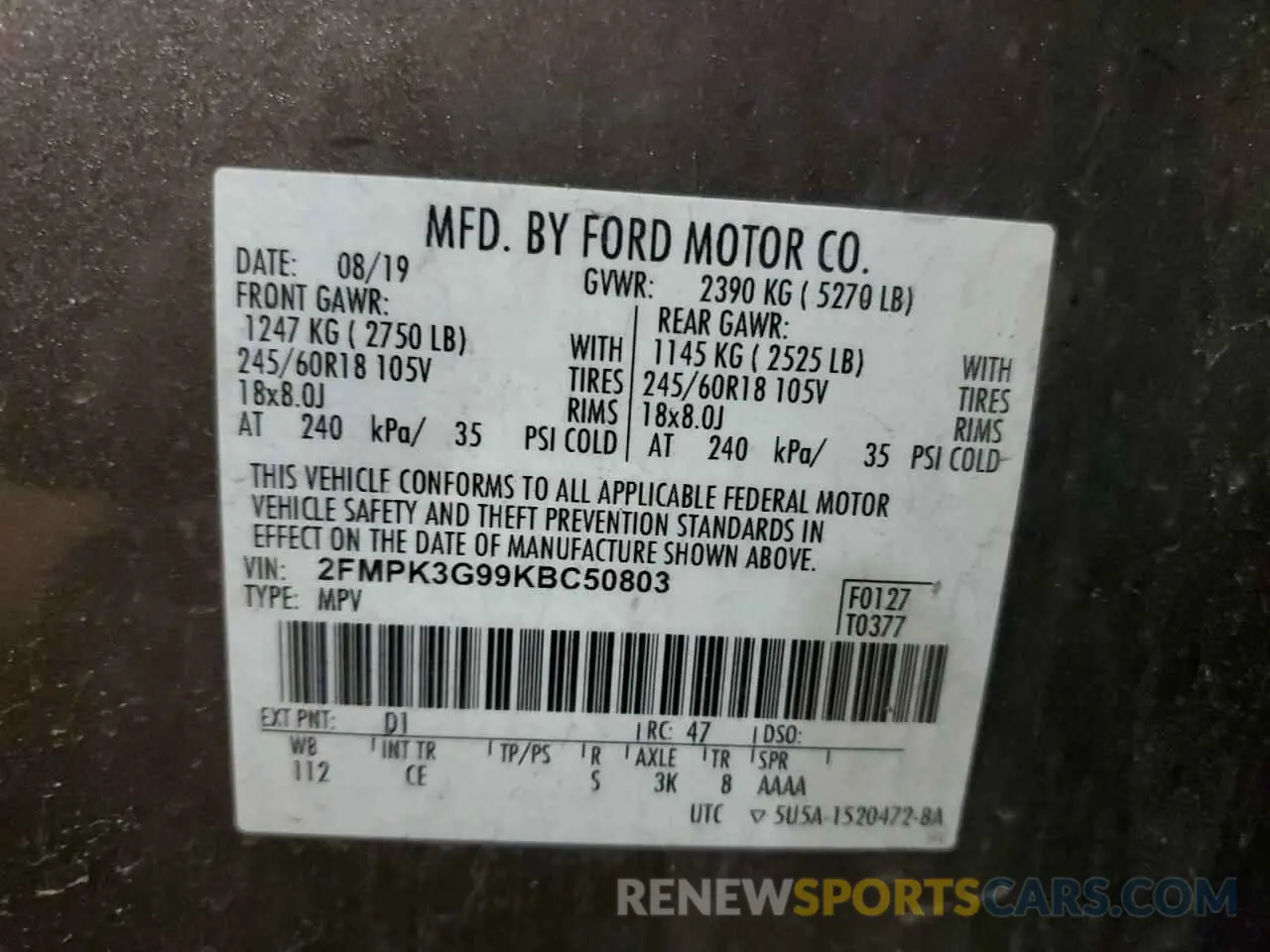 13 Photograph of a damaged car 2FMPK3G99KBC50803 FORD EDGE 2019