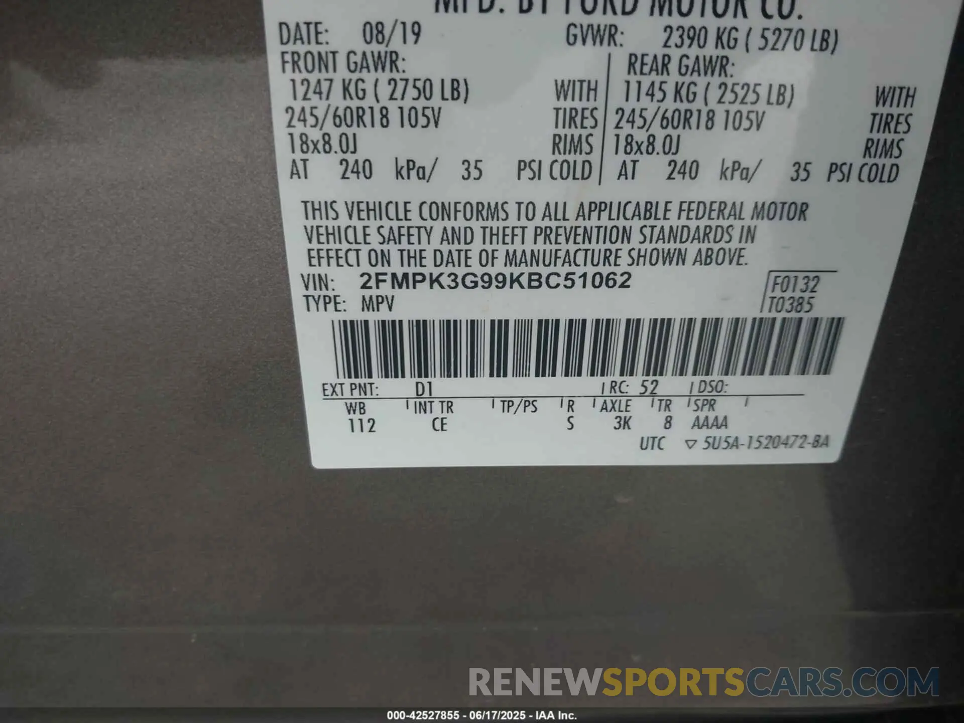 9 Photograph of a damaged car 2FMPK3G99KBC51062 FORD EDGE 2019