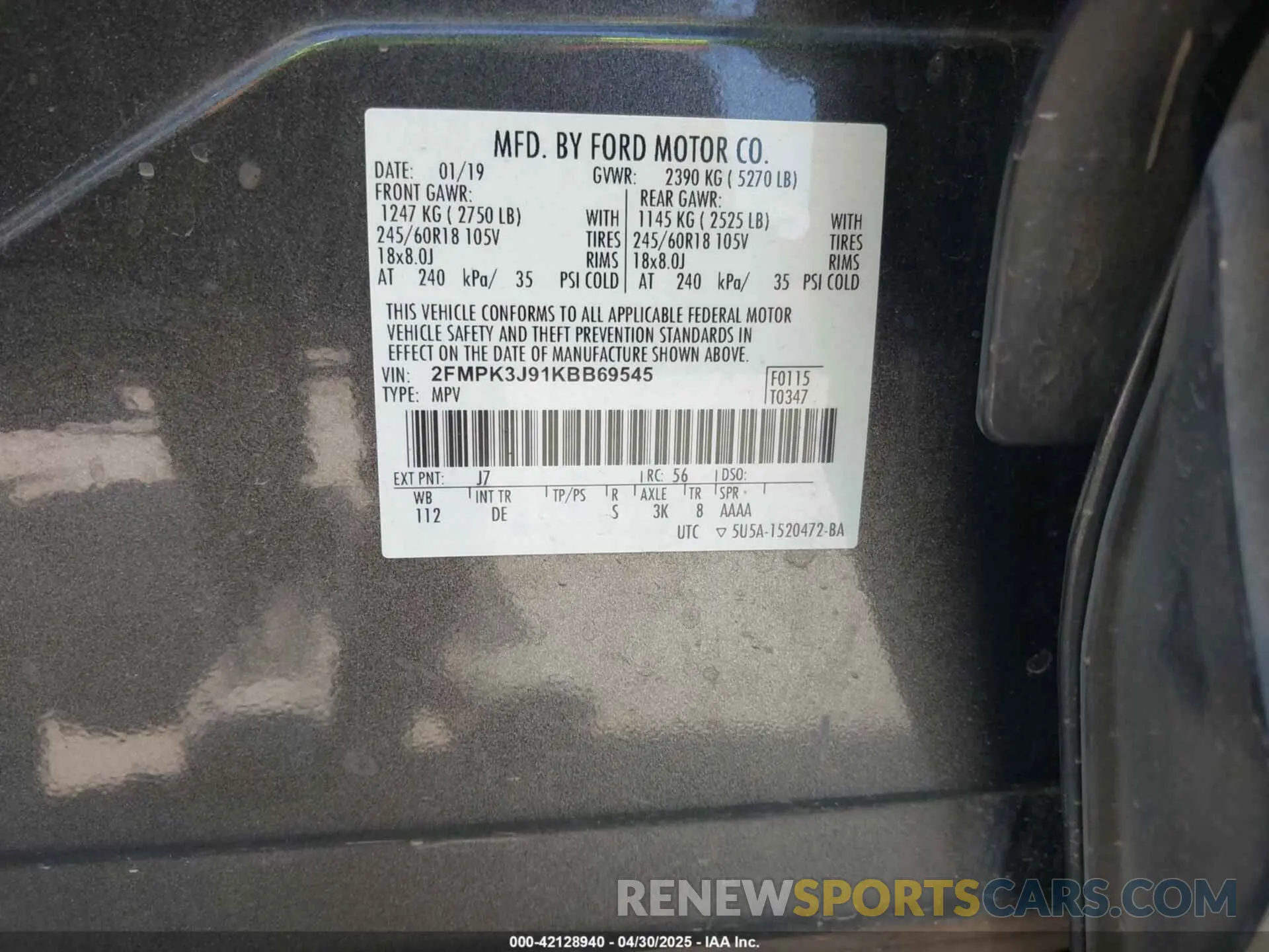 9 Photograph of a damaged car 2FMPK3J91KBB69545 FORD EDGE 2019