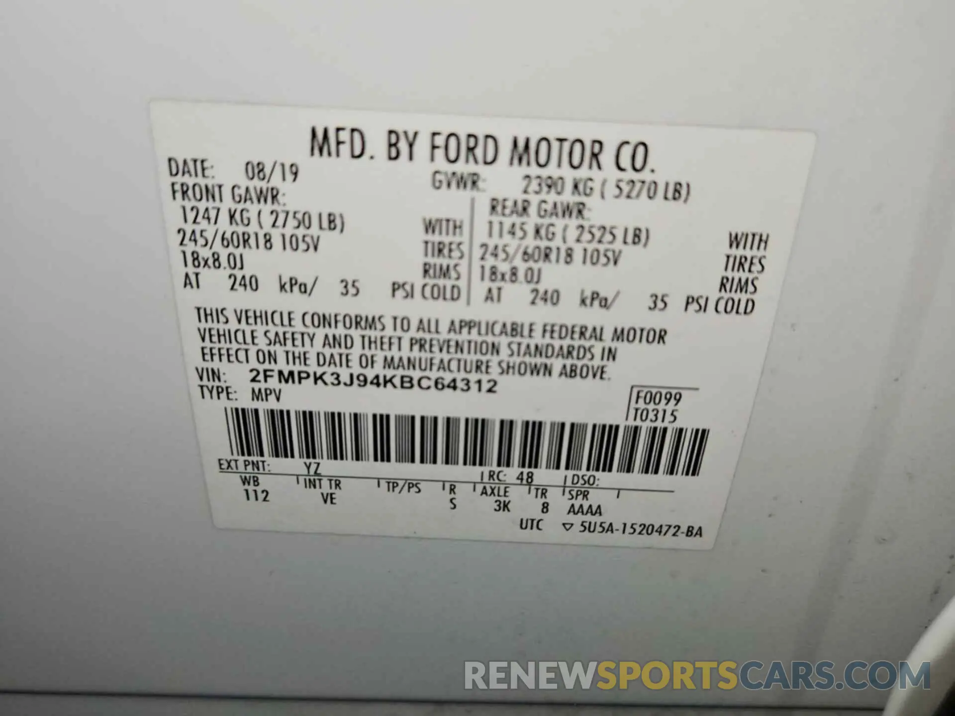 1 Photograph of a damaged car 2FMPK3J94KBC64312 FORD EDGE 2019
