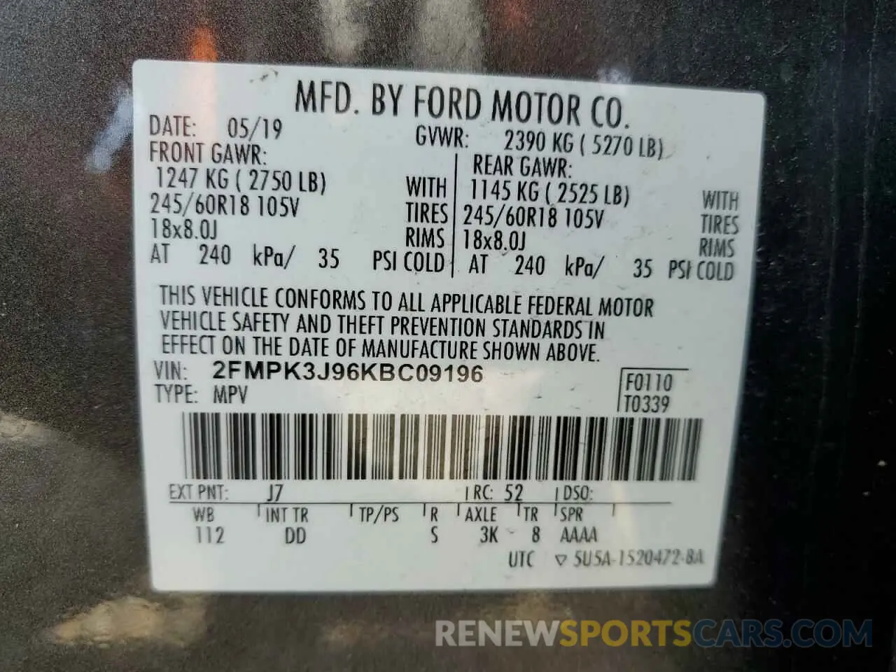 12 Photograph of a damaged car 2FMPK3J96KBC09196 FORD EDGE 2019