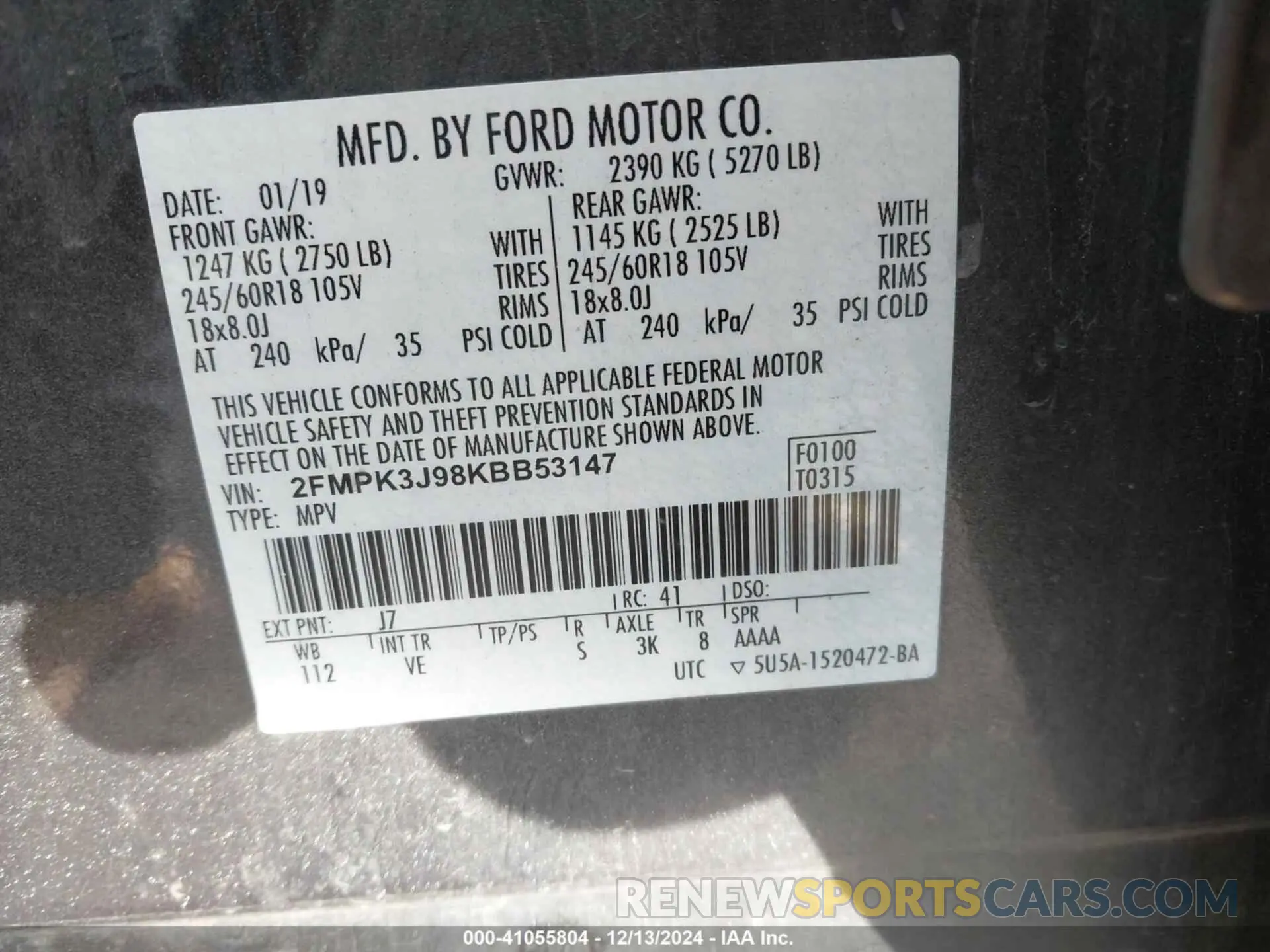 9 Фотография поврежденного автомобиля 2FMPK3J98KBB53147 FORD EDGE 2019