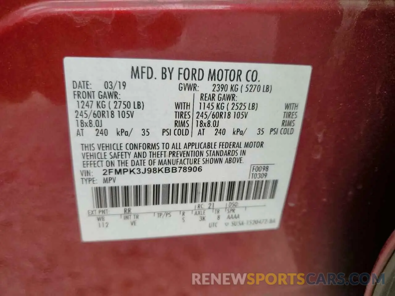 13 Фотография поврежденного автомобиля 2FMPK3J98KBB78906 FORD EDGE 2019