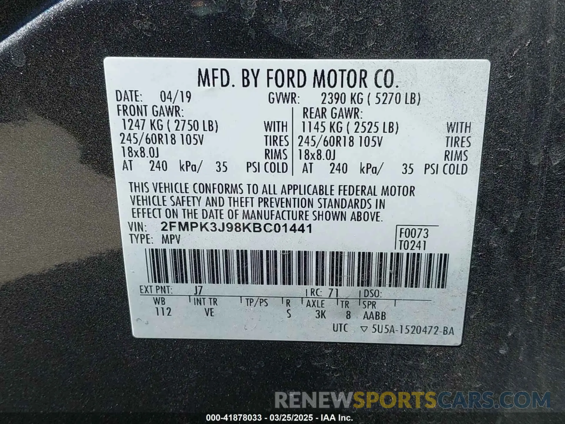 9 Фотография поврежденного автомобиля 2FMPK3J98KBC01441 FORD EDGE 2019