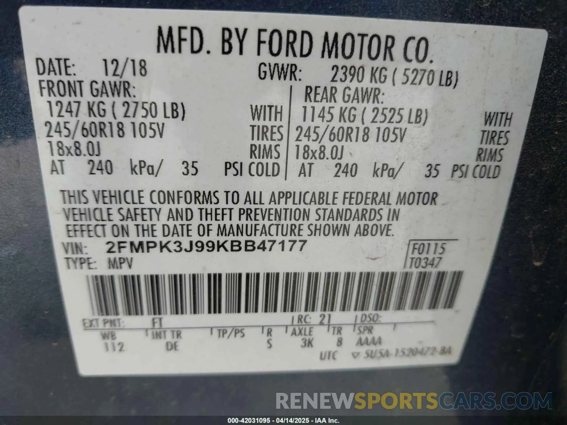 9 Фотография поврежденного автомобиля 2FMPK3J99KBB47177 FORD EDGE 2019
