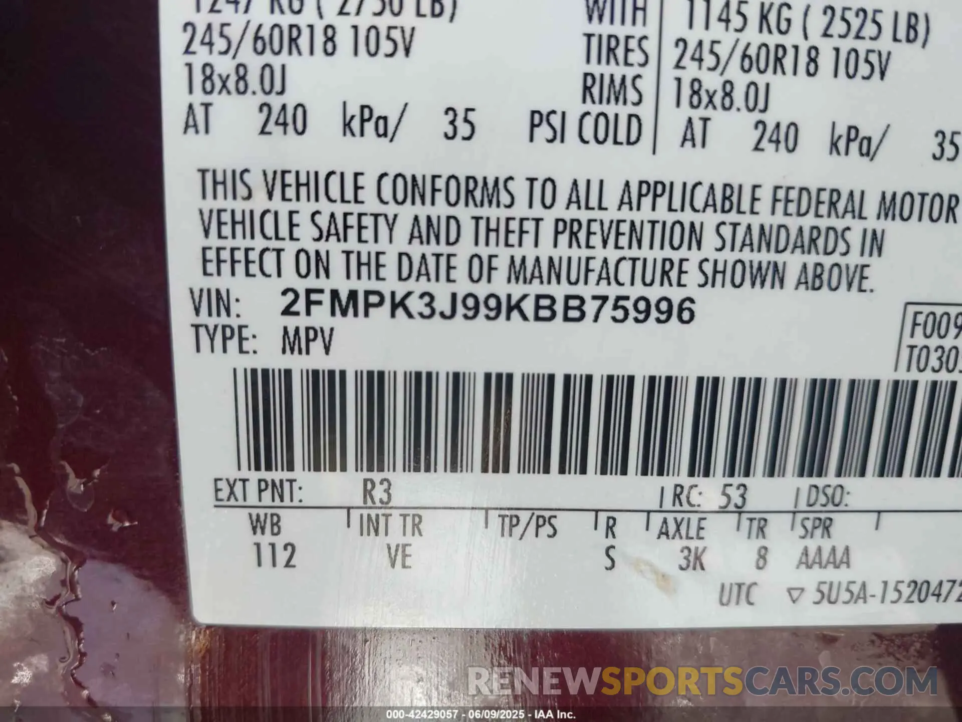 9 Photograph of a damaged car 2FMPK3J99KBB75996 FORD EDGE 2019