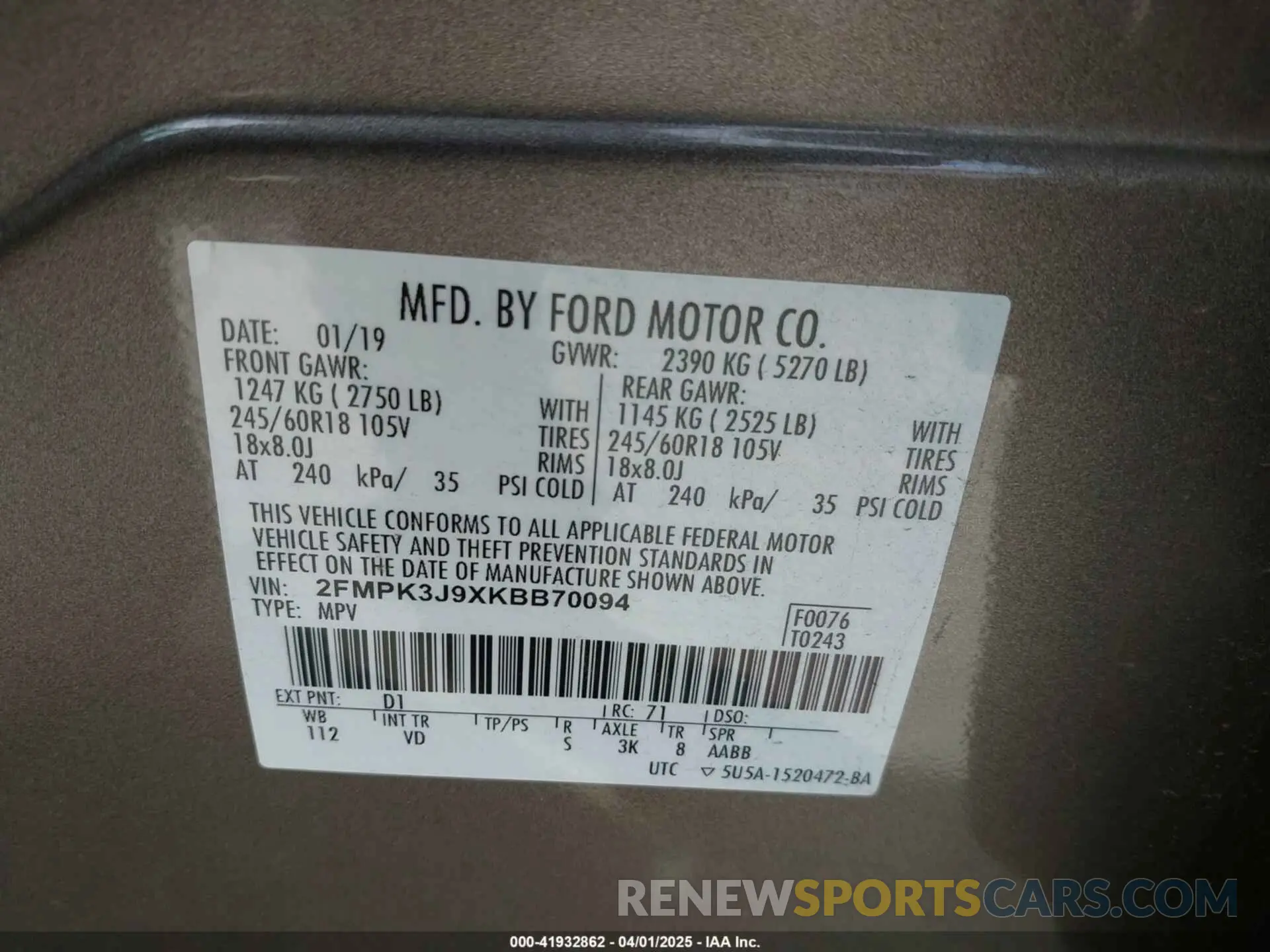9 Photograph of a damaged car 2FMPK3J9XKBB70094 FORD EDGE 2019