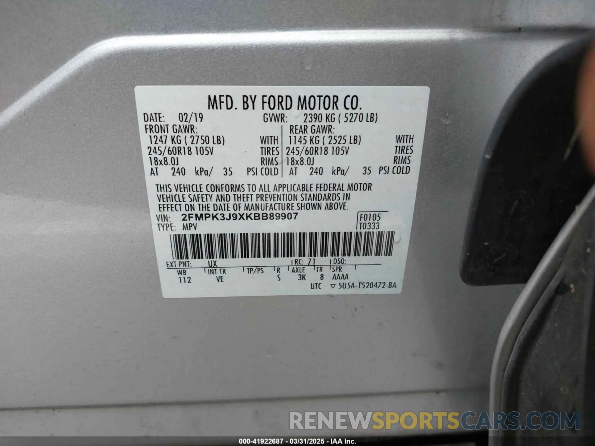9 Photograph of a damaged car 2FMPK3J9XKBB89907 FORD EDGE 2019